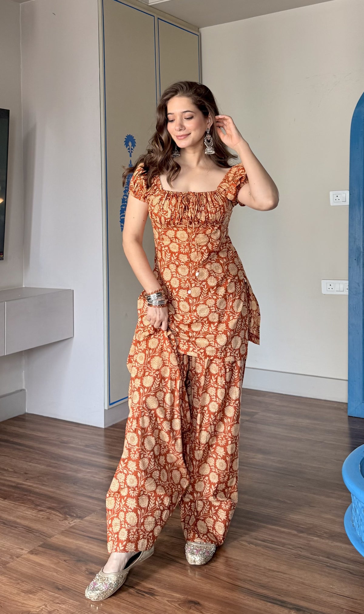 Rust Orange Puff Sleeve Farshi Set