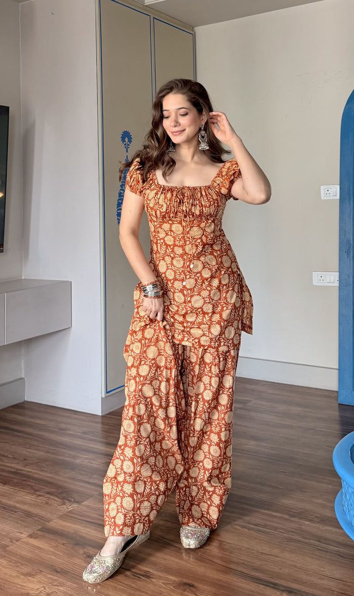 Rust Orange Puff Sleeve Farshi Set