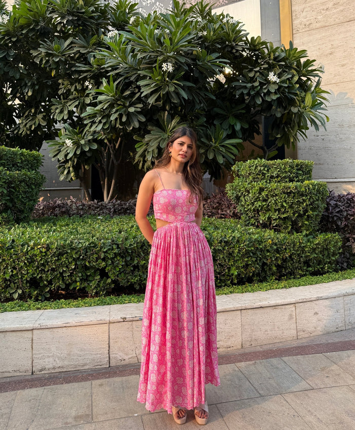 Pink Floral Cut-out Dress